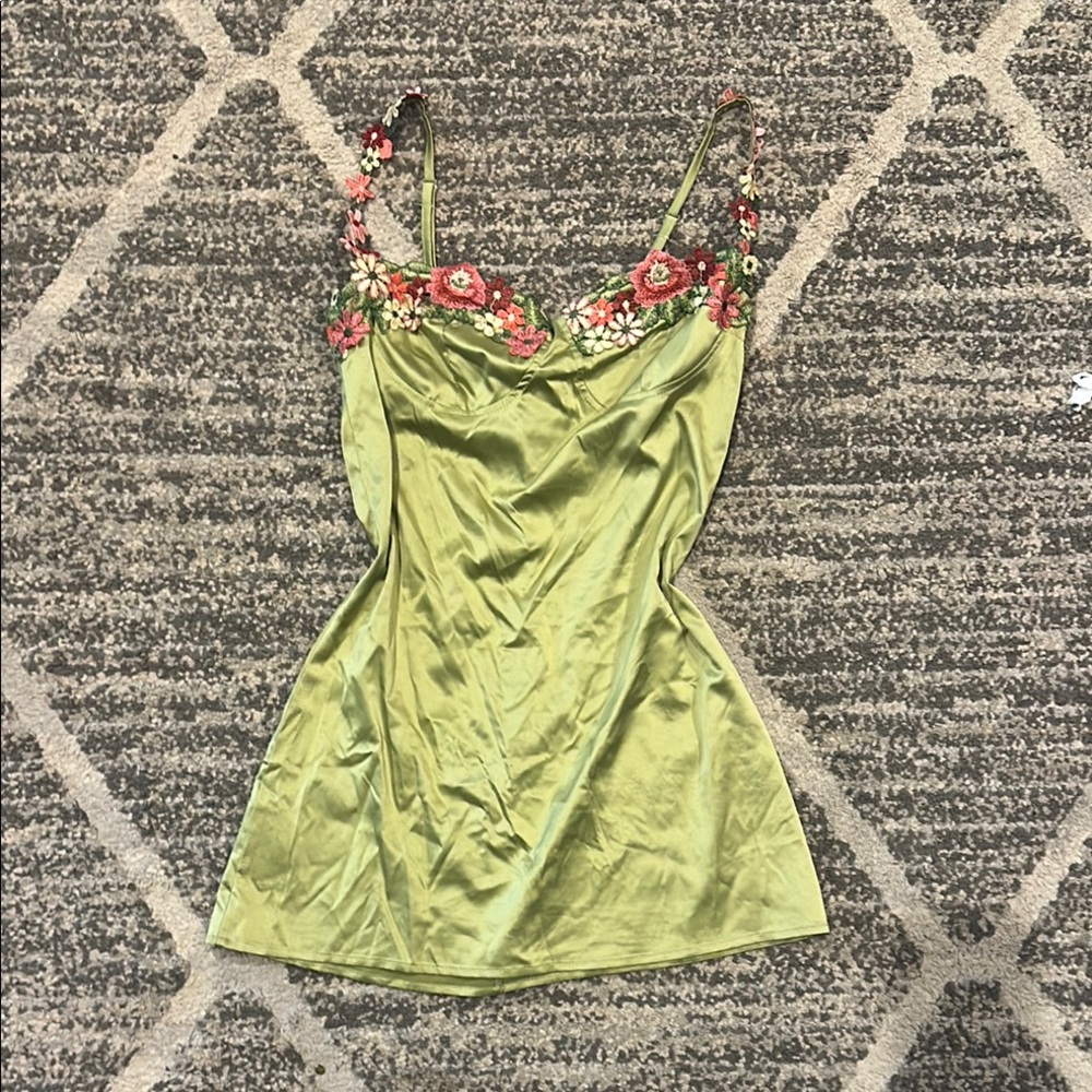 Floral Embroidered Green Mini Dress